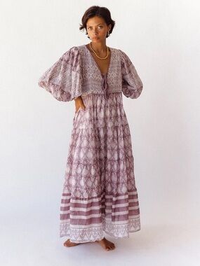 DAUGHTERS OF INDIA jasmine maxi dress lavender block print boho cotton size XL